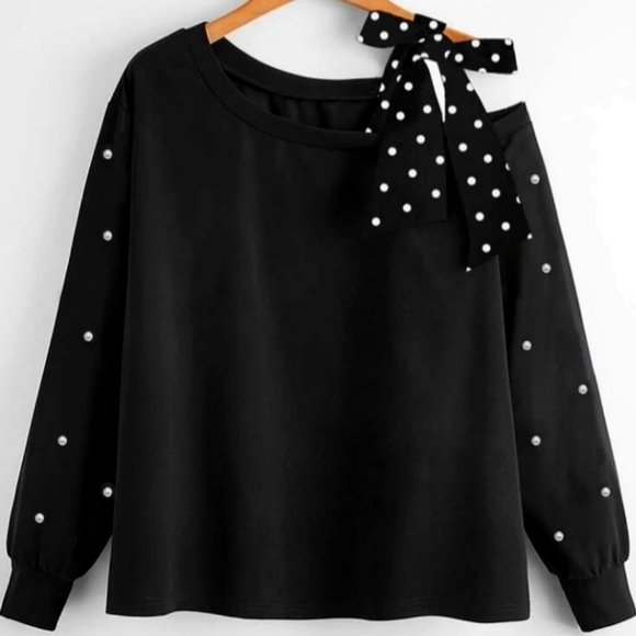 Polka Dot Asymmetrical Shoulder Tie Top - Picture 1 of 3